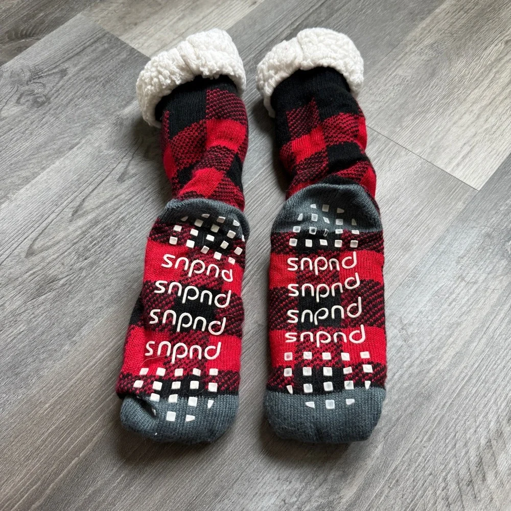 Cozy Red and Black Buffalo Plaid Socks with Fuzzy Sherpa Lining